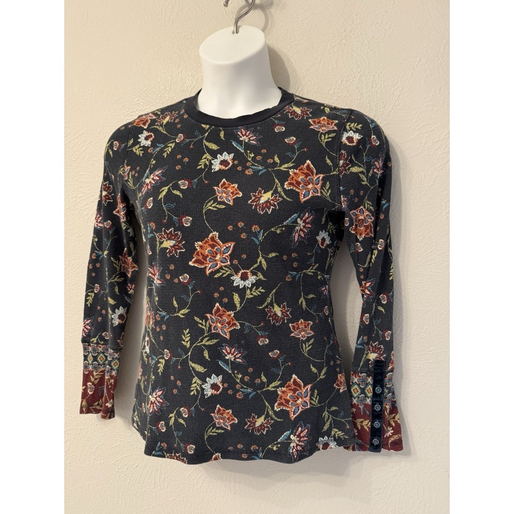 Sundance size M floral waffle thermal crew neck long sleeve velvet trim